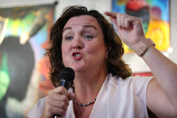 California Democratic candidate for Senate Rep. Katie Porter speaks during a meet and greet event at Black Hammer Brewing Company on May 08, 2023 in...