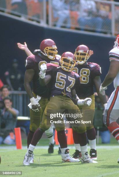 Ken Harvey of the Washington Redskins celebrates against the Atlanta Falcons during an NFL football game September 25, 1994 at RFK Stadium in...