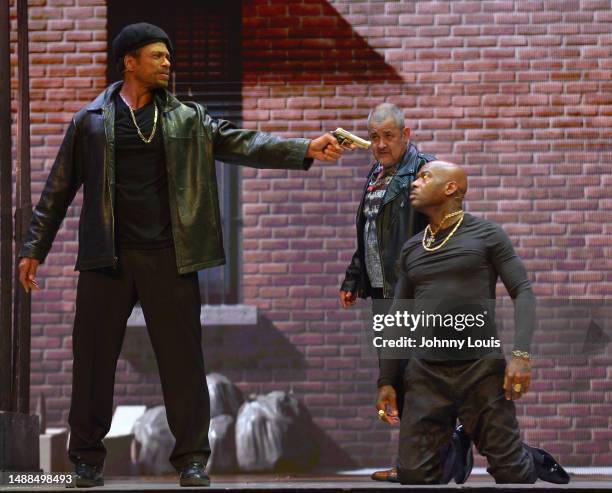 Actor Gary Dourdan, Luis F. Galindo III, and Treach perform on stage during the Je'caryous Johnson Presents: New Jack City Live stage play at James...