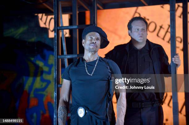 Actor Gary Dourdan and Jacob Berger perform on stage during the Je'caryous Johnson Presents: New Jack City Live stage play at James L. Knight Center...