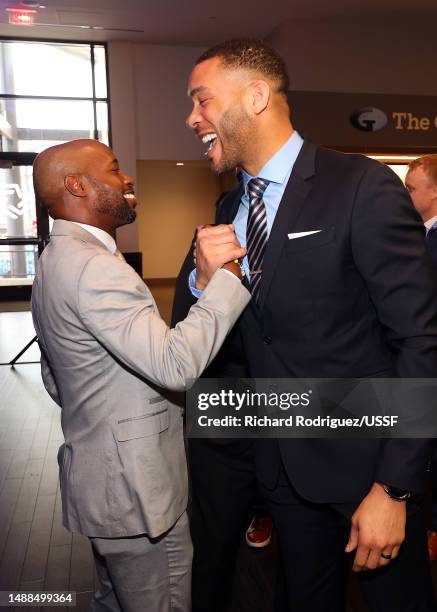 DaMarcus Beasley and Oguchi Onyewu visit at the 2023 National Soccer Hall of Fame Induction Ceremony at Toyota Stadium on May 06, 2023 in Frisco,...