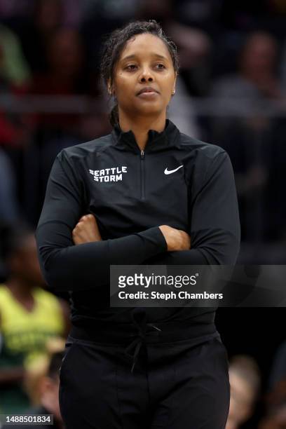 Head coach Noelle Quinn of the Seattle Storm reacts during the second quarter against the Phoenix Mercury in a WNBA preseason game at Climate Pledge...