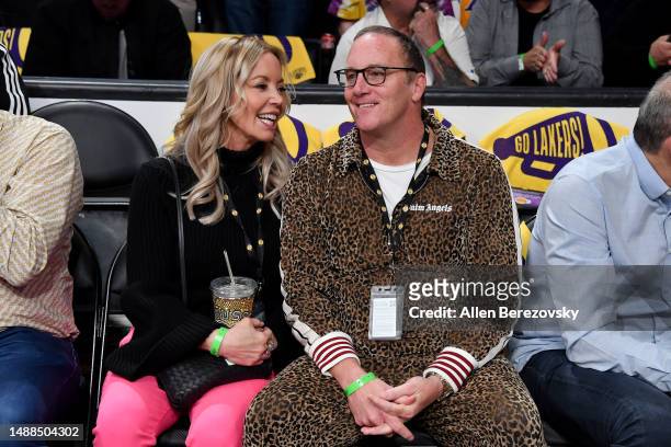 Jeanie Buss and Jay Mohr attend a playoff basketball game between the Los Angeles Lakers and the Golden State Warriors at Crypto.com Arena on May 08,...