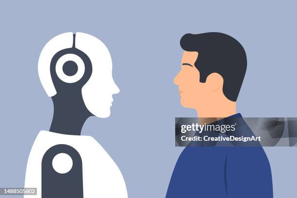 ilustraciones, imágenes clip art, dibujos animados e iconos de stock de joven y robot cara a cara - humano-robot