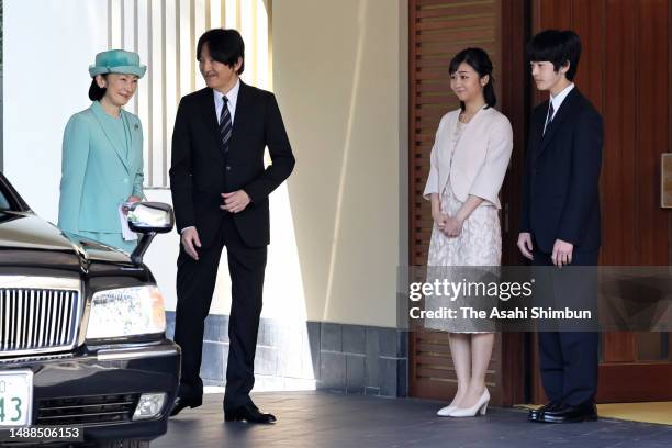 Crown Prince Fumihito, Crown Prince Akishino and Crown Princess Kiko of Akishino are seen off by Princess Kako of Akishino and Prince Hisahito on...