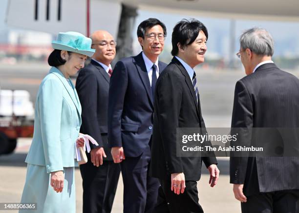 Crown Prince Fumihito, Crown Prince Akishino and Crown Princess Kiko of Akishino are seen on departure for the United Kingdom at Haneda International...