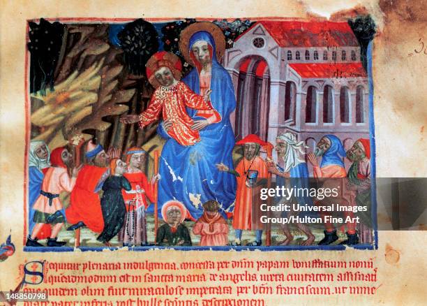 Gothic art, Spain, 14th and 15th centuries, Red Book, Miniature depicting the Virgin and Child, basilica and pilgrims, Library of the Monastery of...