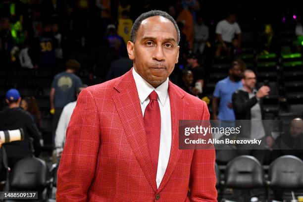 Stephen A. Smith attends a playoff basketball game between the Los Angeles Lakers and the Golden State Warriors at Crypto.com Arena on May 08, 2023...