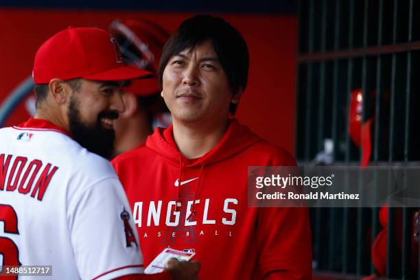Ippei Mizuhara, interpreter for Shohei Ohtani of the Los Angeles Angels in the first inning at Angel Stadium of Anaheim on May 08, 2023 in Anaheim,...