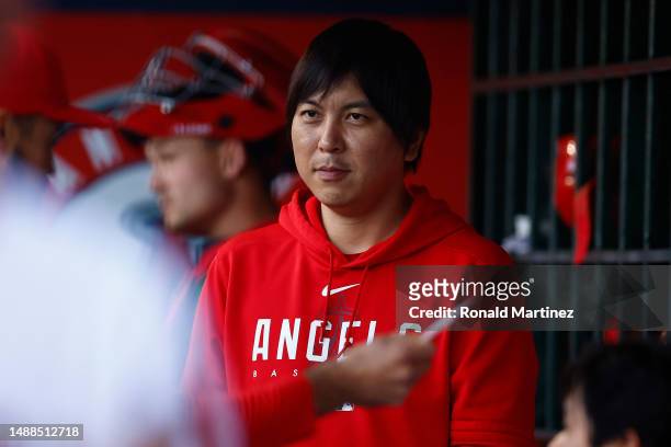 Ippei Mizuhara, interpreter for Shohei Ohtani of the Los Angeles Angels in the first inning at Angel Stadium of Anaheim on May 08, 2023 in Anaheim,...