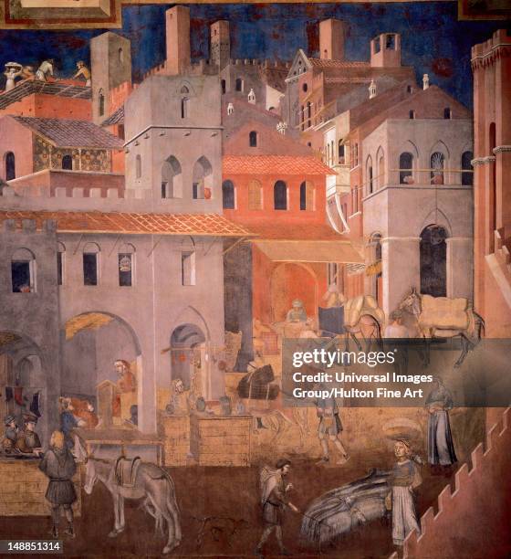 Ambrogio Lorenzetti , Effects of Good Government in the city, Fresco, Detail, Merchants in the walled city of Siena.