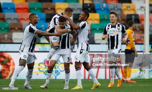 Adam Masina of Udinese is congratulated by teammates for his goal during the Serie A match between Udinese Calcio and UC Sampdoria at Dacia Arena on...