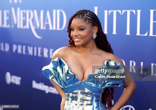 Halle Bailey attends the World Premiere of Disney's live-action feature "The Little Mermaid" at the Dolby Theatre in Los Angeles, California on May...