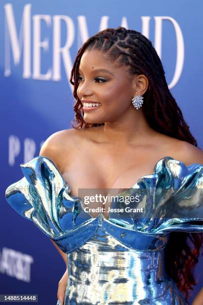 Halle Bailey attends the World Premiere of Disney's live-action feature "The Little Mermaid" at the Dolby Theatre in Los Angeles, California on May...