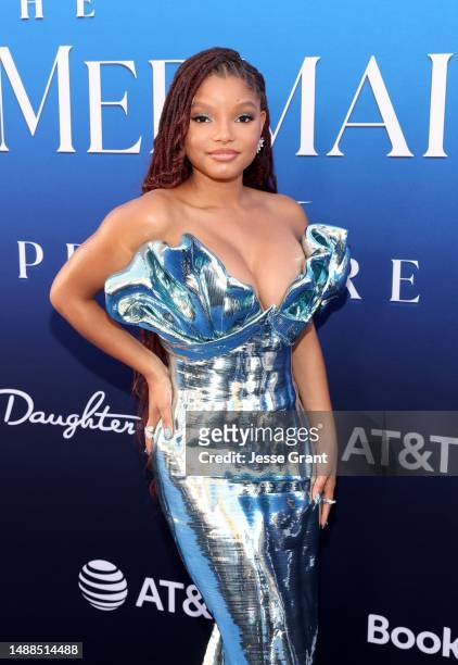 Halle Bailey attends the World Premiere of Disney's live-action feature "The Little Mermaid" at the Dolby Theatre in Los Angeles, California on May...