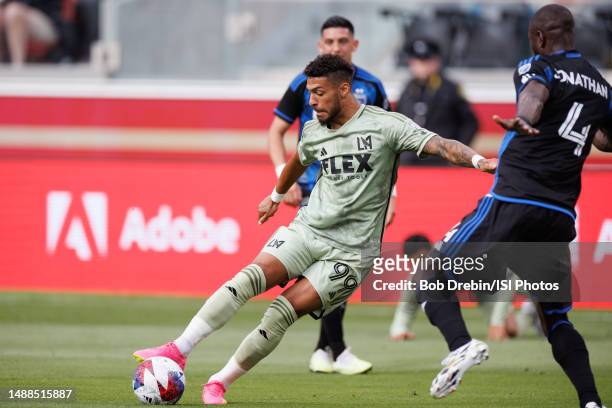 Denis Bouanga of LAFC strikes the ball during a game between Los Angeles FC and San Jose Earthquakes at Levi's Stadium on May 6, 2023 in Santa Clara,...