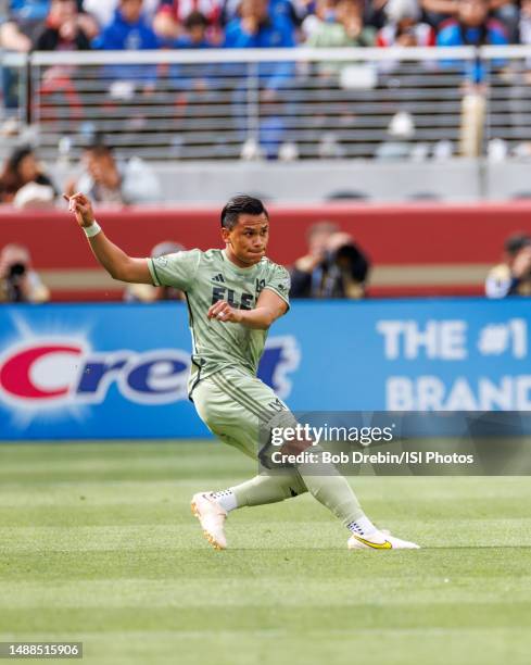 Denil Maldonado of Los Angeles FC follows through after kicking the ball during a game between Los Angeles FC and San Jose Earthquakes at Levi's...