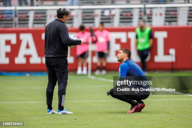 John McCarthy of Los Angeles FC talks with assistant coach Oka Nikolov during warmups before a game between Los Angeles FC and San Jose Earthquakes...