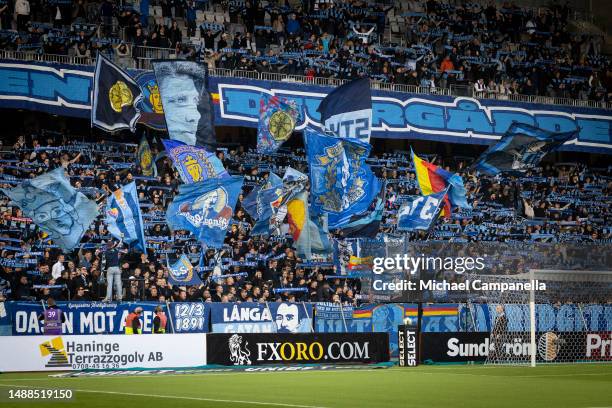 Djurgarden supporters during an Allsvenskan match between Djurgardens IF and Kalmar FF at Tele2 Arena on May 8, 2023 in Stockholm, Sweden.