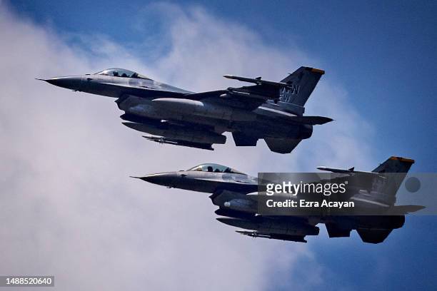 Air Force F16 fighter jets fly in formation during U.S.-Philippines joint air force exercises dubbed Cope Thunder at Clark Air Base on May 09, 2023...