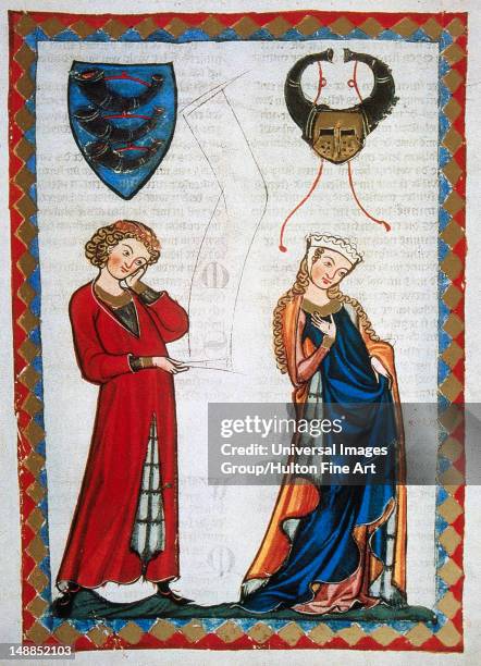 Gottfried Von Neifen, poet of Henry VII and the Emperor Frederick II, rejected by a married lady, On the left, the emblem of the poet, Codex Manesse...