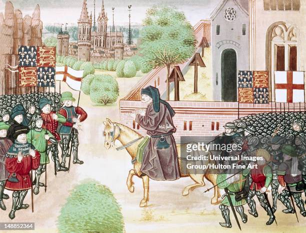 History of England, Peasants' revolt led by Wat Tyler in 1381, Meeting between Wat Tyler and the revolutionary priest John Ball, Detail, Miniature of...