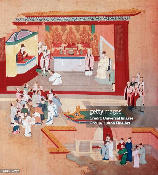 Emperor Huizong , reign , Song dynasty, The emperor with the Buddhist sect Tao-See, Miniature from a History of the Emperors of China, Colour on...