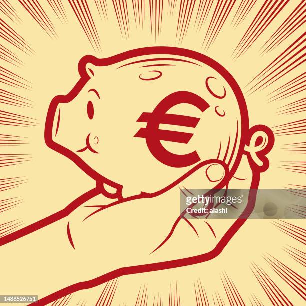 stockillustraties, clipart, cartoons en iconen met a hand holding a piggy bank with a currency symbol in the background with radial manga speed lines - rente