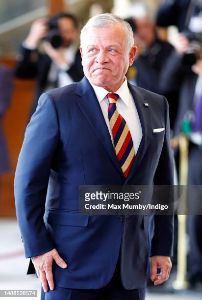 King Abdullah II of Jordan attends a reception at Buckingham Palace for overseas guests ahead of the Coronation of King Charles III and Queen Camilla...