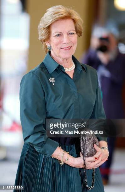 Queen Anne-Marie of Greece attends a reception at Buckingham Palace for overseas guests ahead of the Coronation of King Charles III and Queen Camilla...