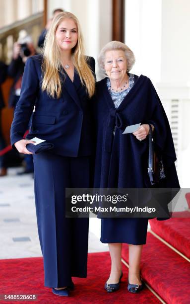 Crown Princess Catharina-Amalia, Princess of Orange and Princess Beatrix of the Netherlands attend a reception at Buckingham Palace for overseas...