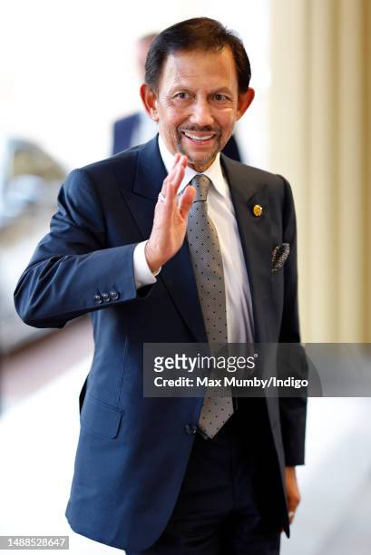 Sultan of Brunei, Hassanal Bolkiah attends a reception at Buckingham Palace for overseas guests ahead of the Coronation of King Charles III and Queen...