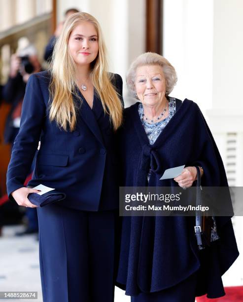 Crown Princess Catharina-Amalia, Princess of Orange and Princess Beatrix of the Netherlands attend a reception at Buckingham Palace for overseas...
