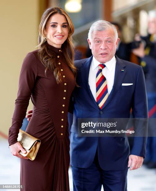 Queen Rania of Jordan and King Abdullah II of Jordan attend a reception at Buckingham Palace for overseas guests ahead of the Coronation of King...