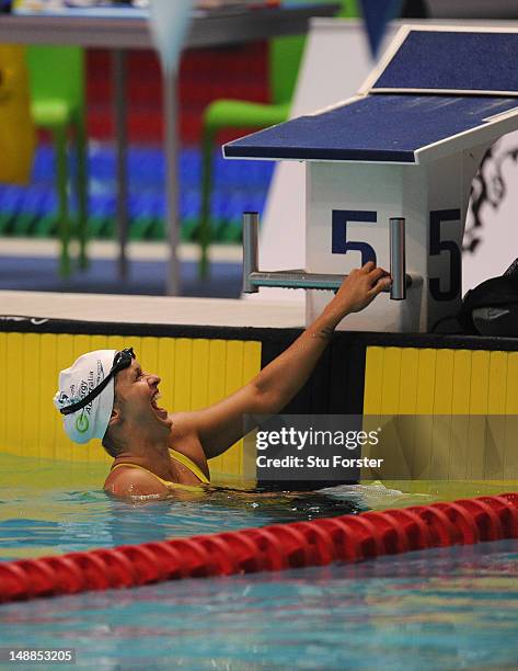 Swimmer Libby Trickett shares a joke during an Australia Swimming training session at Manchester Aquatic centre on July 20, 2012 in Manchester,...