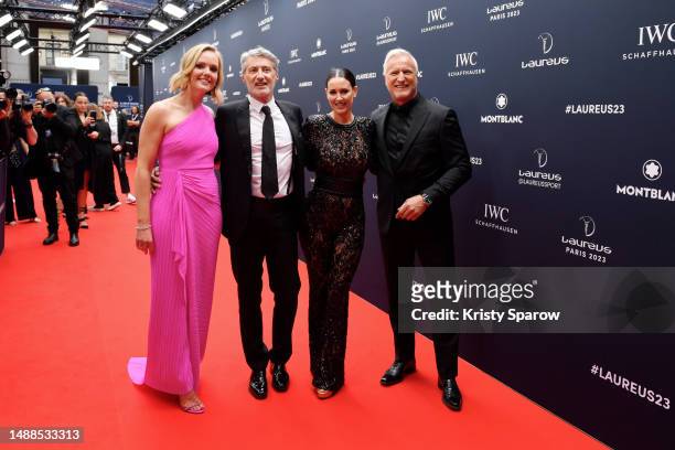 David Ginola, Amanda Davies and Kirsty Gallacher with tv presenter Antoine de Caunes during the 2023 Laureus World Sport Awards Paris show at Cour...