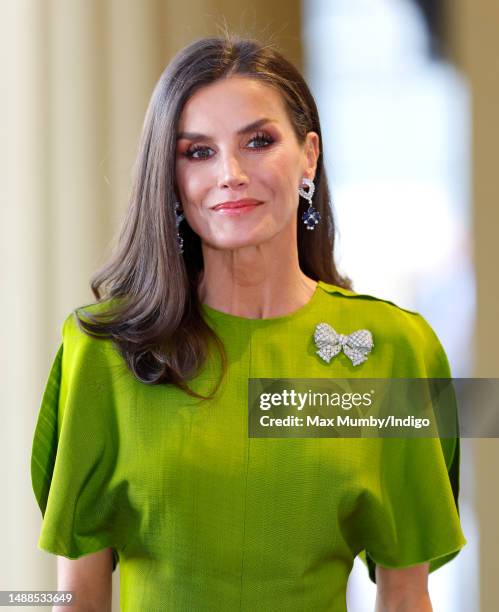 Queen Letizia of Spain attends a reception at Buckingham Palace for overseas guests ahead of the Coronation of King Charles III and Queen Camilla on...