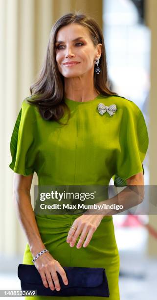 Queen Letizia of Spain attends a reception at Buckingham Palace for overseas guests ahead of the Coronation of King Charles III and Queen Camilla on...