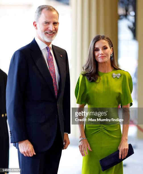 King Felipe VI of Spain and Queen Letizia of Spain attend a reception at Buckingham Palace for overseas guests ahead of the Coronation of King...