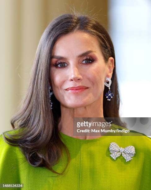 Queen Letizia of Spain attends a reception at Buckingham Palace for overseas guests ahead of the Coronation of King Charles III and Queen Camilla on...