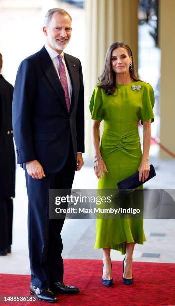 King Felipe VI of Spain and Queen Letizia of Spain attend a reception at Buckingham Palace for overseas guests ahead of the Coronation of King...