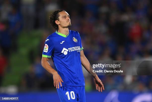 Enes Unal of Getafe CF looks on during the LaLiga Santander match between Getafe CF and RC Celta at Coliseum Alfonso Perez on May 03, 2023 in Getafe,...