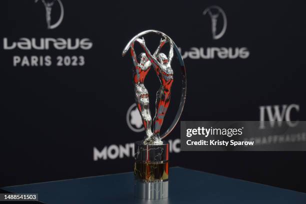 The Laureus World Sport Award trophy at the 2023 Laureus World Sport Awards Paris red carpet arrivals at Cour Vendome on May 08, 2023 in Paris,...