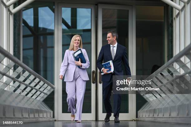 Australian Treasurer Jim Chalmers and Finance Minister Katy Gallagher arrive to speak to members of the media at the Budget lockup at Parliament...