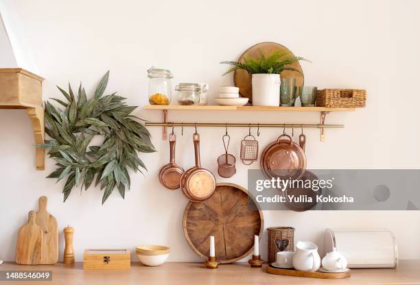 eco style kitchen. natural light. - kitchenware shop stock pictures, royalty-free photos & images