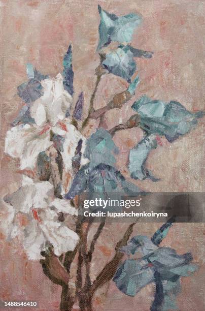ilustrações de stock, clip art, desenhos animados e ícones de illustration artwork oil painting flowers landscape blooming irises in redish background - ramo-de-flores