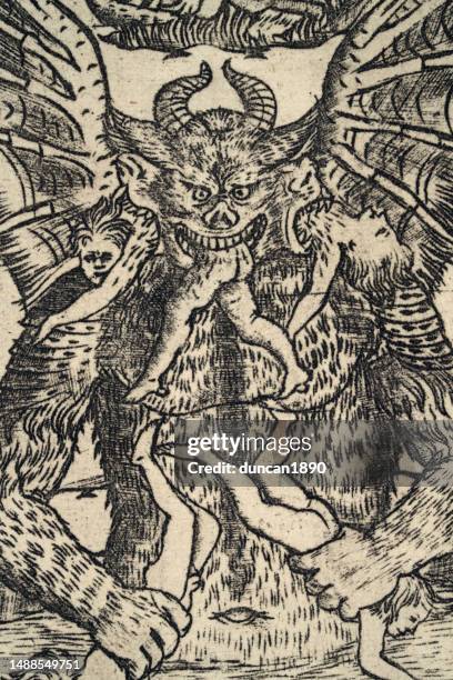 demon in hell eating men, the devourer of souls by baccio baldini italian 15th century art - hell stock illustrations