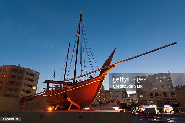 traditional wooden ship at museum al fahidi fort, bur dubai. - bur al arab stock pictures, royalty-free photos & images