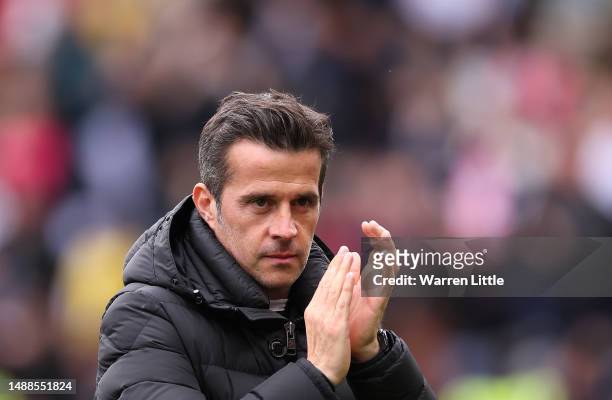 Marco Silva, Manager of Fulham, applauds the fans prior to the Premier League match between Fulham FC and Leicester City at Craven Cottage on May 08,...