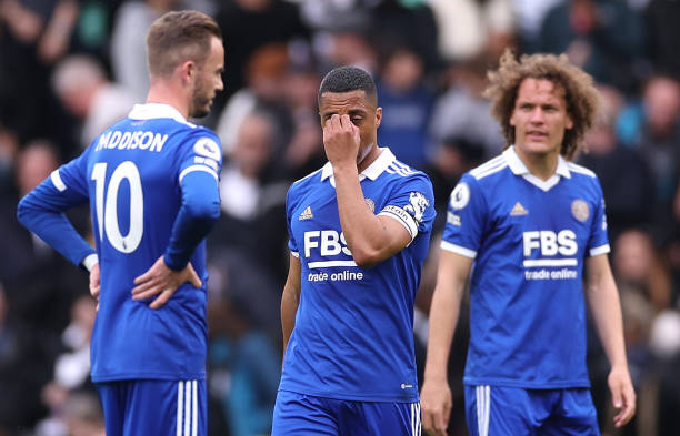 Youri Tielemans of Leicester City looks dejected as they walk towards James Maddison after Carlos Vinicius of Fulham scores the team's second goal...